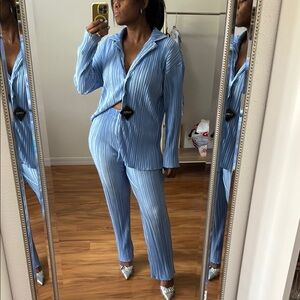 Blue Pleated Women's 2 Piece Set